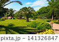 Beautiful Tropical Park Resort with Palm Trees and Green Lawns Lush Mediterranean Garden Landscape under Blue Sky on Sunny Day 141326847