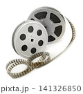 Vintage Metal Film Reels with Unrolled Strip Isolated on White Classic Retro Cinema Film Bobbins Close Up Studio Shot 141326850
