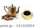 Antique Metal Coffee Pot with Fresh Brewed Cup and Beans Vintage Coffee Set with Roasted Beans and Cup Isolated on White 141326854