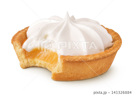 bitten off tartlet with lemon cream and meringue isolated on white background bitten off tartlet with lemon cream and meringue isolated on white background 141326884