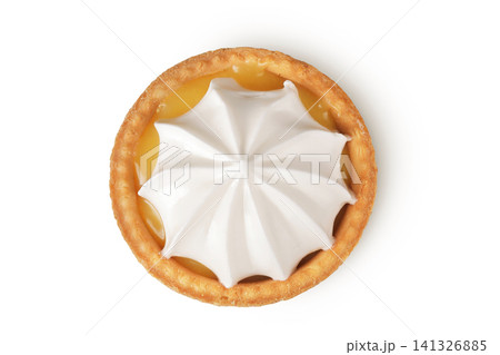 tartlet with lemon cream and meringue isolated on white background. Top view. Flat lay tartlet with lemon cream and meringue isolated on white background. Top view. Flat lay 141326885