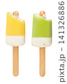 Ice cream on a stick with a bite mark isolated on a white background. Ice cream or fruit ice isolated on a white background. 141326886