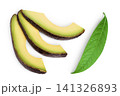 avocado pieces isolated on white background close up. Top view. Flat lay 141326893