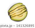 avocado pieces in ceramic bowl isolated on white background close up. Top view. Flat lay 141326895