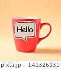 A red color coffee cup with word in chat bubble on color background. 141326931