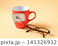 A red color coffee cup with word in chat bubble on color background. 141326932