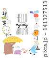 Cartoon Frame With Funny Animals Under Umbrella. Autumn Time. Rainy Weather 141327513