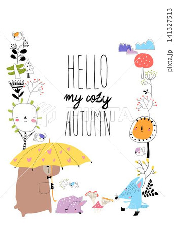 Cartoon Frame With Funny Animals Under Umbrella. Autumn Time. Rainy Weather Cartoon Frame With Funny Animals Under Umbrella. Autumn Time. Rainy Weather 141327513