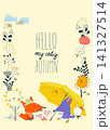 Cartoon Frame With Funny Animals Under Umbrella. Autumn Time. Rainy Weather 141327514