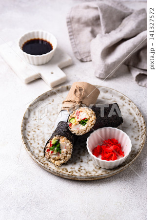 Trendy viral sushi burrito or shawarma Trendy viral sushi burrito or shawarma 141327572