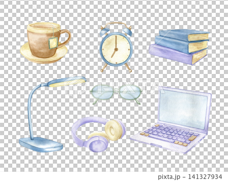 Laptop, lamp, books, alarm clock, headphones and cup tea watercolor isolated illustration set. Hand drawn clipart of study and workspace for digital planning, educational project and lifestyle designs Laptop, lamp, books, alarm clock, headphones and cup tea watercolor isolated illustration set. Hand drawn clipart of study and workspace for digital planning, educational project and lifestyle designs 141327934