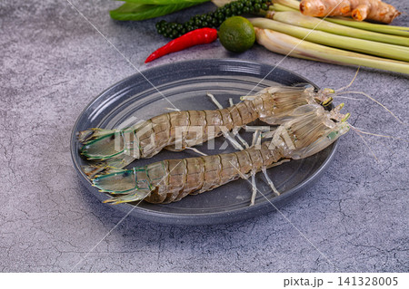 Fresh mantis shrimp on dark plate with lemongrass chili lime and herbs 141328005