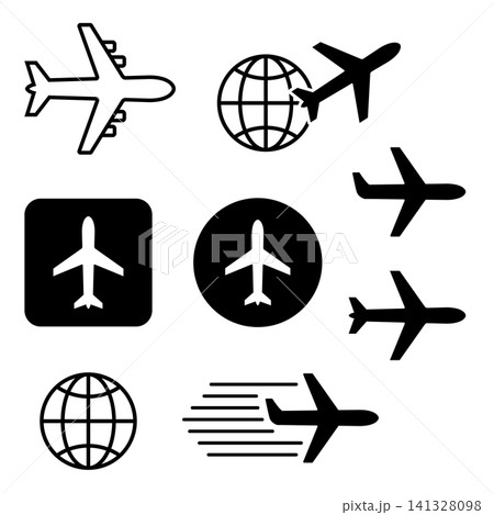 Black airplane icons on white background. Global travel theme with planes and globes. Simple vector style for digital or print use. Perfect for airport, aviation, or logistics branding Black airplane icons on white background. Global travel theme with planes and globes. Simple vector style for digital or print use. Perfect for airport, aviation, or logistics branding 141328098