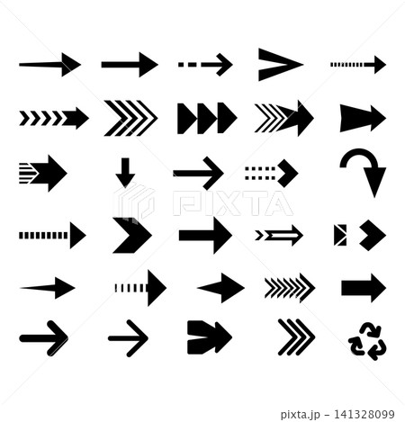 A collection of various black arrow icons for arrows, featuring diverse shapes, directions, dashed lines, and cyclic symbols isolated on a white background. 141328099