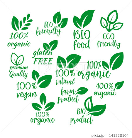 A collection of various green eco emblems and labels for eco emblems, featuring leaves and handwritten text like "organic," "vegan," and "gluten free." 141328104