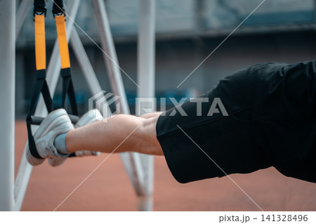 young sporty athlete or bodybuilder has fitness workout outdoor young sporty athlete or bodybuilder has fitness workout outdoor 141328496