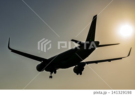 夕暮れの仙台空港 着陸中の飛行機 27から 宮城県名取市 夕暮れの仙台空港 着陸中の飛行機 27から 宮城県名取市 141329198