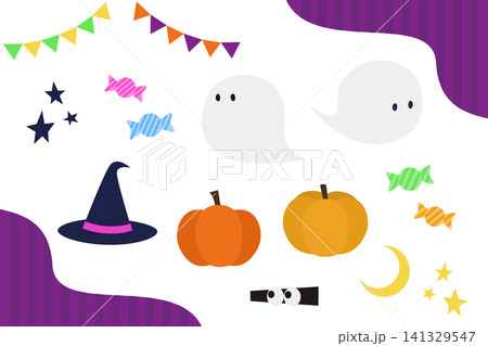 ハロウィンのかぼちゃ・おばけ・魔女帽子のイラストセット ハロウィンのかぼちゃ・おばけ・魔女帽子のイラストセット 141329547