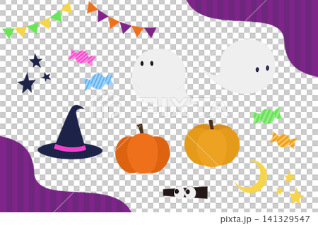 ハロウィンのかぼちゃ・おばけ・魔女帽子のイラストセット ハロウィンのかぼちゃ・おばけ・魔女帽子のイラストセット 141329547