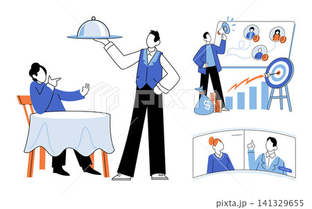 Business people performing professional tasks vector illustration. Corporate strategy, customer service, teamwork, financial growth, remote communication, leadership. Office staff working on projects Business people performing professional tasks vector illustration. Corporate strategy, customer service, teamwork, financial growth, remote communication, leadership. Office staff working on projects 141329655