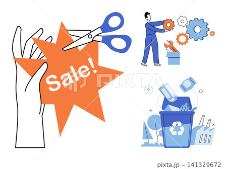 Hand holding a sale tag, person repairing gears, and waste recycling vector illustration. Shopping, maintenance, ecology, commerce, waste management, sustainability. Discount label, mechanic 141329672