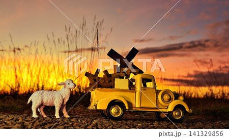 Yellow Pickup Truck Full of Crosses Lamb Fellowing Yellow Pickup Truck Full of Crosses Lamb Fellowing 141329856