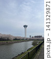 青空にそびえ立つ五稜郭タワーと川沿いの満開の桜の景観 141329871