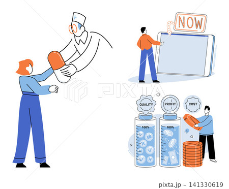 Medical consultation, digital marketing, and business management vector illustration. Pharmacy service, online shopping, financial planning, quality control, profit analysis, professional advice Medical consultation, digital marketing, and business management vector illustration. Pharmacy service, online shopping, financial planning, quality control, profit analysis, professional advice 141330619