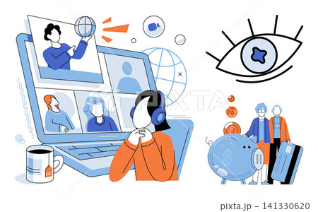 People attending a virtual meeting on a laptop and a couple saving money vector illustration. Remote work, digital communication, financial planning, investment, education, banking. Online conference 141330620