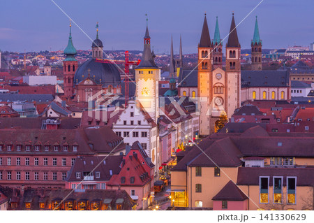 Historic city skyline with cathedral and clock tower in Wurzburg, Bavaria, Germany Historic city skyline with cathedral and clock tower in Wurzburg, Bavaria, Germany 141330629