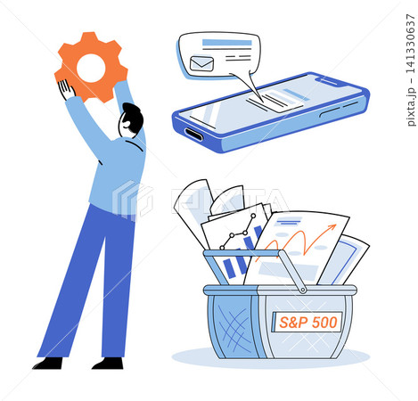 Man holding a gear, smartphone with message, and basket with financial charts vector illustration. Business strategy, investment planning, market analysis, digital communication, growth Man holding a gear, smartphone with message, and basket with financial charts vector illustration. Business strategy, investment planning, market analysis, digital communication, growth 141330637