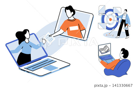 People interacting through digital devices and screens vector illustration. Remote work, online education, virtual communication, digital collaboration, distance learning, task management. Employees People interacting through digital devices and screens vector illustration. Remote work, online education, virtual communication, digital collaboration, distance learning, task management. Employees 141330667