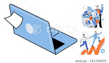 Laptop with sticky note and business growth charts vector illustration. Financial planning, corporate strategy, investment analysis, career development, budget management, digital marketing. Portable 141330678