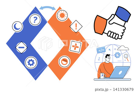 Abstract diamond workflow diagram with icons and professional handshake vector illustration. Teamwork, project management, software development, corporate strategy, digital communication, success Abstract diamond workflow diagram with icons and professional handshake vector illustration. Teamwork, project management, software development, corporate strategy, digital communication, success 141330679