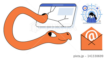 Orange snake emerging from a cracked screen and phishing email vector illustration. Cyber security, malware, data breach, online fraud, digital safety, network protection. Computer virus attack Orange snake emerging from a cracked screen and phishing email vector illustration. Cyber security, malware, data breach, online fraud, digital safety, network protection. Computer virus attack 141330699