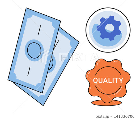 Money banknotes, gear settings and quality seal icons vector illustration. Finance, production, management commerce, reliability, standards. Cash currency, cogwheel stamp symbol Money banknotes, gear settings and quality seal icons vector illustration. Finance, production, management commerce, reliability, standards. Cash currency, cogwheel stamp symbol 141330706