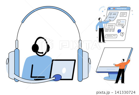 Customer support agent with headset and digital insurance interface vector illustration. Online assistance, technical help, remote service, insurance policy, web navigation, data management. Help Customer support agent with headset and digital insurance interface vector illustration. Online assistance, technical help, remote service, insurance policy, web navigation, data management. Help 141330724