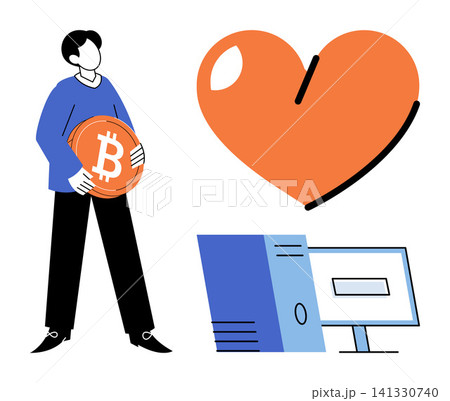 Person holding a bitcoin coin next to a heart and computer vector illustration. Cryptocurrency, digital finance, blockchain technology, online investment, virtual wallet, love for crypto. Man Person holding a bitcoin coin next to a heart and computer vector illustration. Cryptocurrency, digital finance, blockchain technology, online investment, virtual wallet, love for crypto. Man 141330740