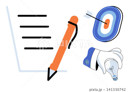 Pen writing on paper with target and lightbulb icons vector illustration. Strategy, goal setting, innovation, project management, creative thinking, problem solving. Writing instrument and bulb Pen writing on paper with target and lightbulb icons vector illustration. Strategy, goal setting, innovation, project management, creative thinking, problem solving. Writing instrument and bulb 141330742