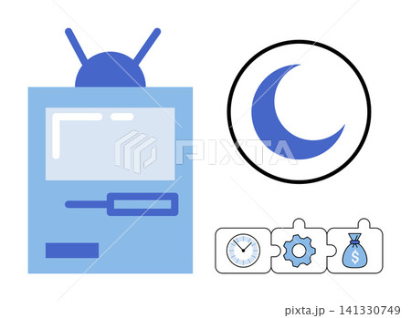 Television screen with moon icon and puzzle pieces containing clock gear and money bag vector illustration. Productivity, night shift, business management, time tracking, financial growth, workflow 141330749