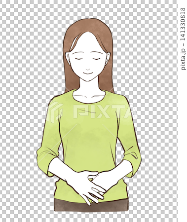 一位年輕女子麵帶微笑，將手放在下腹部——水彩風格的手繪插圖。 141330818