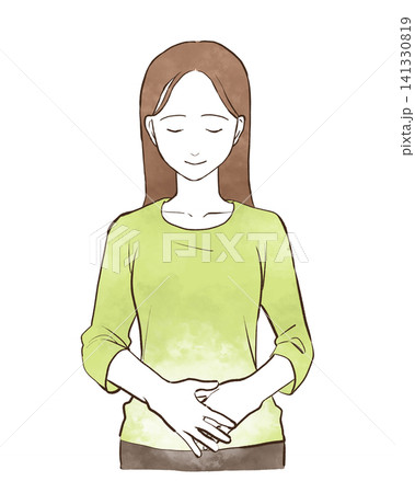 微笑んで下腹部に手を当てる若い女性　水彩風の手描きイラスト素材 141330819