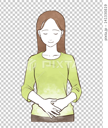 微笑んで下腹部に手を当てる若い女性　水彩風の手描きイラスト素材 141330819