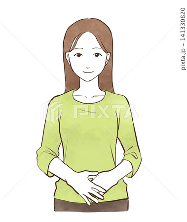微笑んで下腹部に手を当てる若い女性　水彩風の手描きイラスト素材 141330820