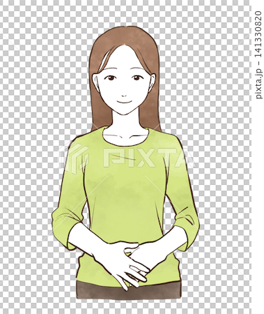 微笑んで下腹部に手を当てる若い女性　水彩風の手描きイラスト素材 141330820