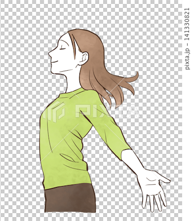 両腕を広げて深呼吸をする若い女性　水彩風の手描きイラスト素材 141330821