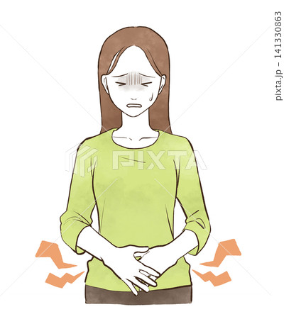 下腹部が痛む若い女性 水彩風の手描きイラスト素材 下腹部が痛む若い女性 水彩風の手描きイラスト素材 141330863