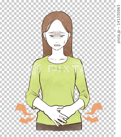 A hand-drawn watercolor-style illustration of a young woman experiencing lower abdominal pain. A hand-drawn watercolor-style illustration of a young woman experiencing lower abdominal pain. 141330863