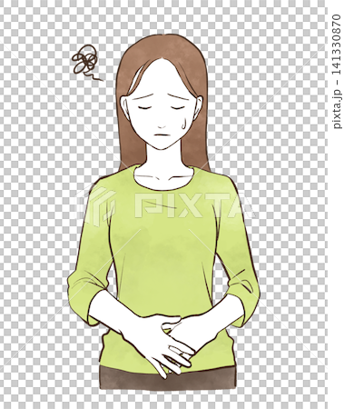 A young woman with her hand on her lower abdomen, looking troubled. (Hand-drawn watercolor illustration) A young woman with her hand on her lower abdomen, looking troubled. (Hand-drawn watercolor illustration) 141330870