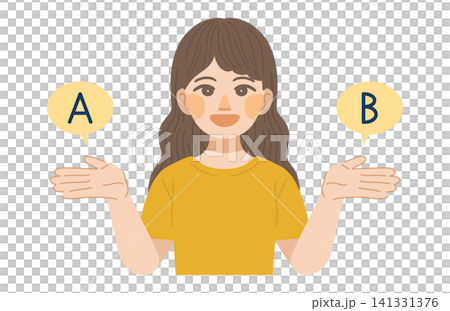 An illustration of a woman smiling and proposing options A and B. An illustration of a woman smiling and proposing options A and B. 141331376
